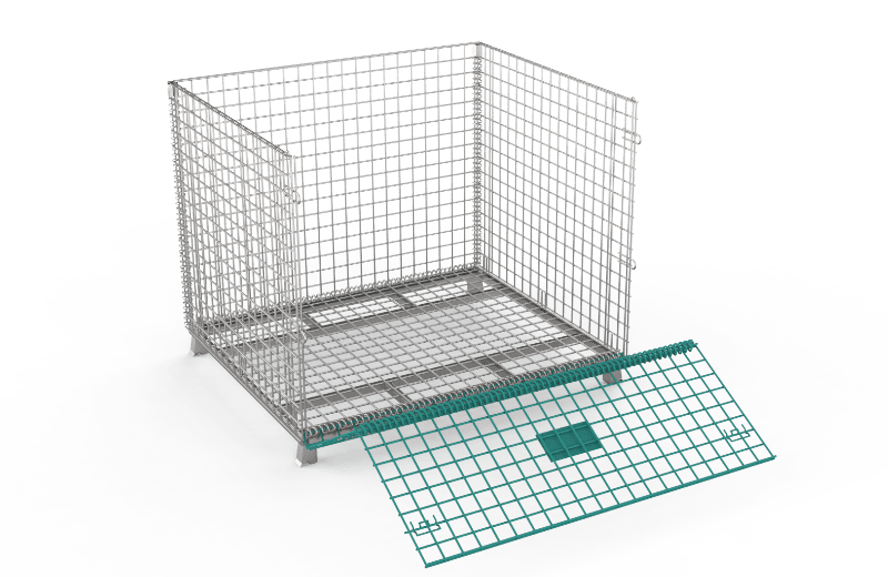 A wire mesh container with half drop door.