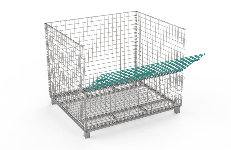 A wire mesh container with half drop door.