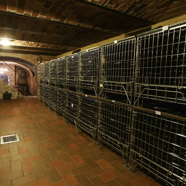 Several wire containers in the wine cellar and full of wine bottles