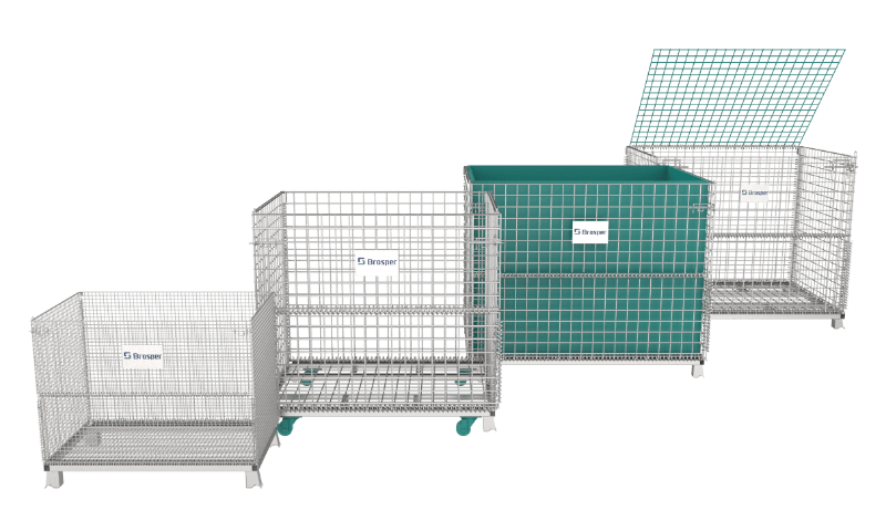 Different designs of wire containers: casters, dividers and lids.