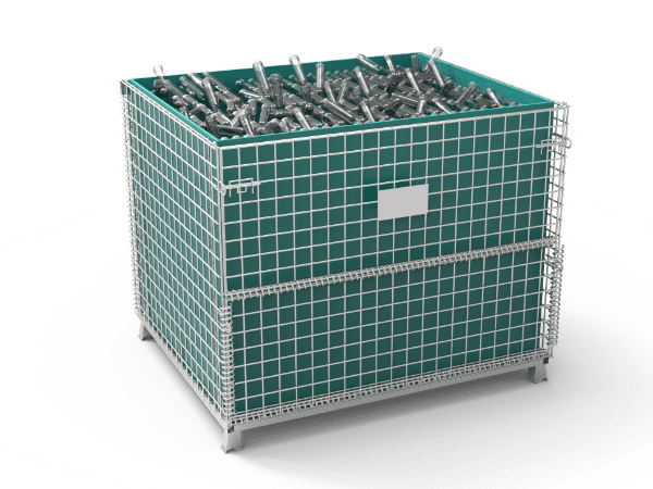 A wire mesh container with PP sheet is loading the PET preforms.