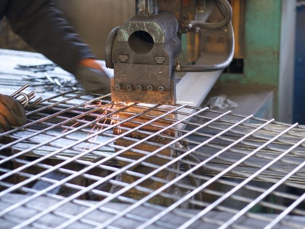 Un trabajador está operando la máquina de soldadura por puntos.