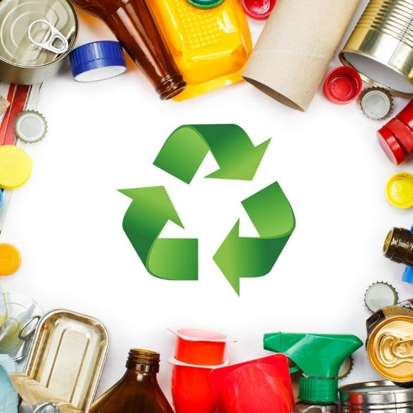 Several recycles are surrounding the recycle logo.