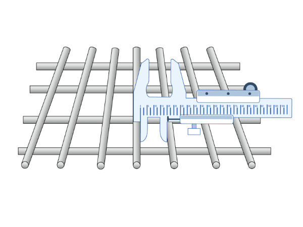 A tool is measuring mesh size of wire container panel.