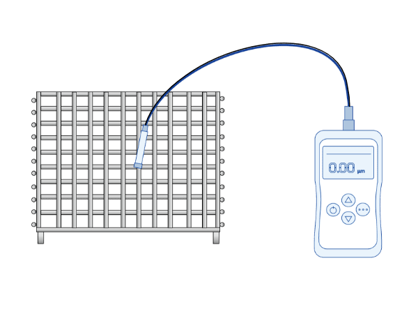 A tool is testing the zinc coating thickness of wire container panel.