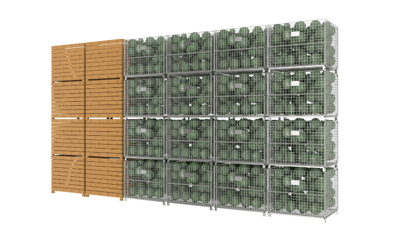 A comparison of wood cases and wire containers with cabbages.