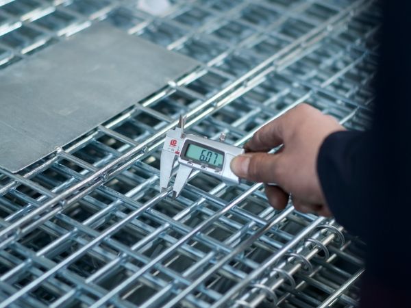 Un personnel de QC teste le diamètre du fil du conteneur en treillis métallique.